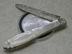 Vintage Fruit Knife Carved Pearl Handles w/Sterling Silver Blade - C. 1938 - Sheffield