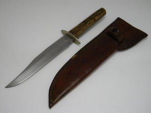 M. Klaas England Kissing Crane Brand Bone Bowie Hunter Fixed Blade Sheath Knife