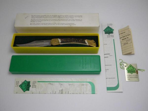 Puma Germany Stainless Stag 210 910 Engraved Prinz Prince Lockback Knife in Box with Papers c.1984