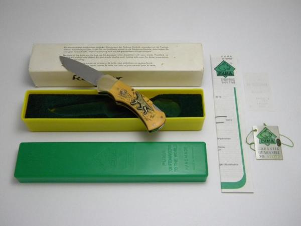 Puma Germany Stainless 715 Scrimshawed Micarta 4 Star Dog & Geese Inlay Lockback Knife in Box c.1983 Puma Germany Stainless 715 Scrimshawed Micarta 4 Star Dog & Geese Inlay Lockback Knife in Box c.1983