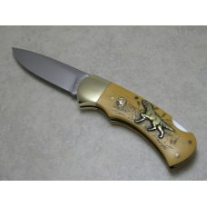 Puma Germany Stainless 715 Scrimshawed Micarta 4 Star Dog & Geese Inlay Lockback Knife in Box c.1983 Puma Germany Stainless 715 Scrimshawed Micarta 4 Star Dog & Geese Inlay Lockback Knife in Box c.1983