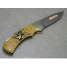 Puma Germany Stainless 715 Scrimshawed Micarta 4 Star Dog & Geese Inlay Lockback Knife in Box c.1983 Puma Germany Stainless 715 Scrimshawed Micarta 4 Star Dog & Geese Inlay Lockback Knife in Box c.1983