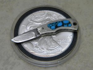 Jerry Bodner (USA) Custom Damascus Miniature Fixed Blade Knife with Turquoise Inlay