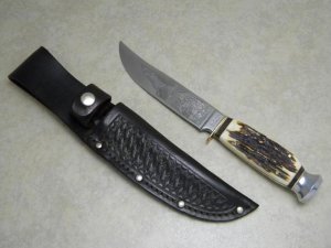 G.C. Co. Solingen Germany (Guttmann Cutlery Co.) 467 Stag Scout Etch Fixed Blade Sheath Knife