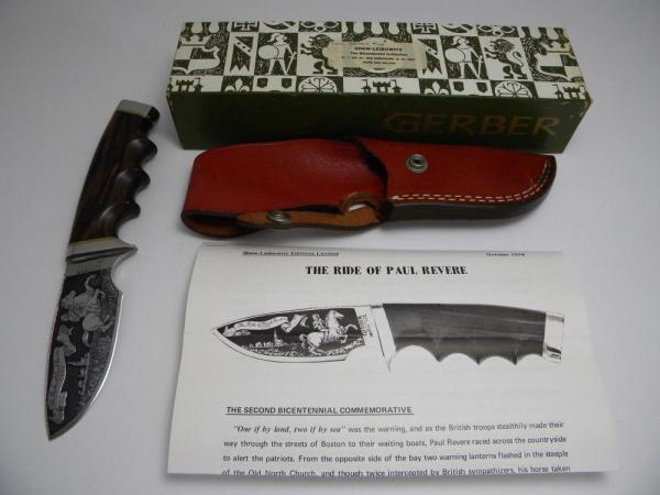 Gerber USA 1974 Shaw Leibowitz Silver Etch The Ride of Paul Revere Commemorative Sheath Knife