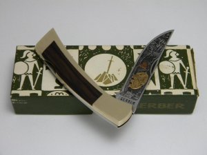 Gerber USA Shaw Leibowitz Gold Bear Etch Folding Sportsman Lockback Knife in Box c.1970's