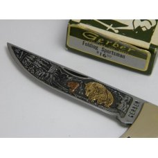 Gerber USA Shaw Leibowitz Gold Bear Etch Folding Sportsman Lockback Knife in Box c.1970's Gerber USA Shaw Leibowitz Gold Bear Etch Folding Sportsman Lockback Knife in Box c.1970's