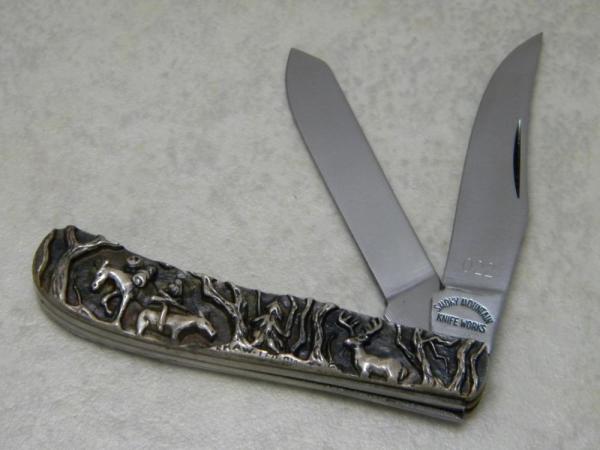Smoky Mountain Knife Works Shaw Leibowitz Engraved Sterling Silver Handles Mini Trapper Knife Smoky Mountain Knife Works Shaw Leibowitz Engraved Sterling Silver Handles Mini Trapper Knife
