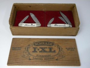 Schrade Wostenholm IXL Sheffield England Bone Scrimshawed Canoe & Stockman Knife Set in Box