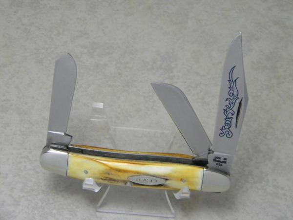 Case XX Stainless USA 3 Dot (1977) Stag 5347 HP SSP Blue Scroll Stockman Knife Case XX Stainless USA 3 Dot (1977) Stag 5347 HP SSP Blue Scroll Stockman Knife