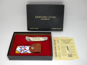 Schrade + USA M.S. Morning Star Commemorative Scrimshaw Lockback Knife & Pouch in Box c.1982