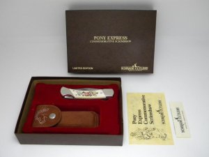 Schrade + USA LTD. Pony Express Commemorative Scrimshaw Lockback Knife & Pouch in Box