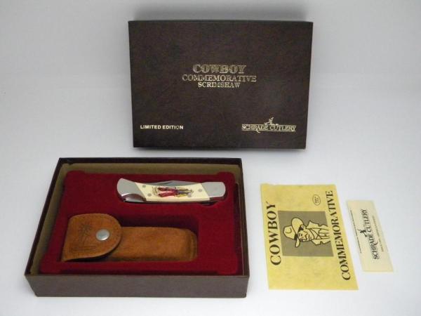 Schrade + USA LTD. Cowboy Commemorative Scrimshaw Lockback Knife & Pouch in Box