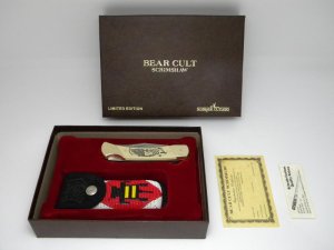 Schrade + USA B.C. Bear Cult Commemorative Scrimshaw Lockback Knife & Pouch in Box c.1985