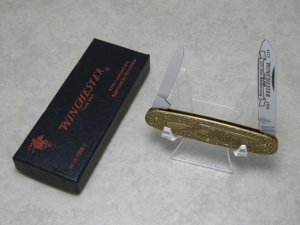 Winchester Trademark USA 1998-2 Model 1873 Rifle 125th Anniversary Brass 2 Blade Pen Knife in Box