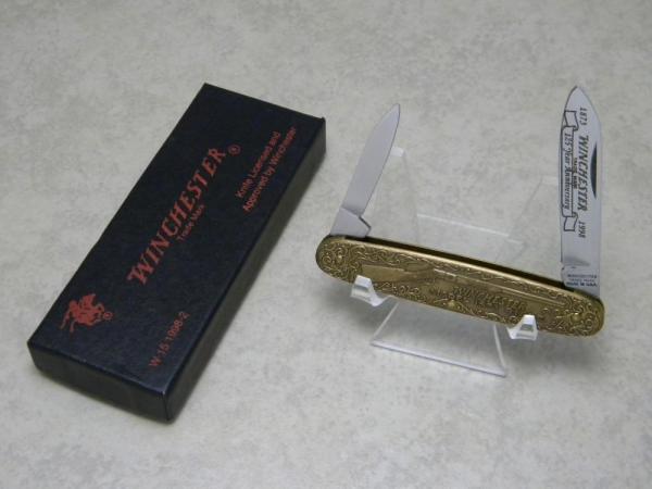 Winchester Trademark USA 1998-2 Model 1873 Rifle 125th Anniversary Brass 2 Blade Pen Knife in Box Winchester Trademark USA 1998-2 Model 1873 Rifle 125th Anniversary Brass 2 Blade Pen Knife in Box