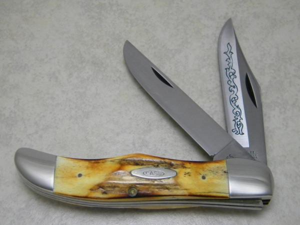 Case XX Stainless USA 3 Dot (1977) Stag 5265 SAB SSP Blue Scroll Folding Hunter Knife Case XX Stainless USA 3 Dot (1977) Stag 5265 SAB SSP Blue Scroll Folding Hunter Knife