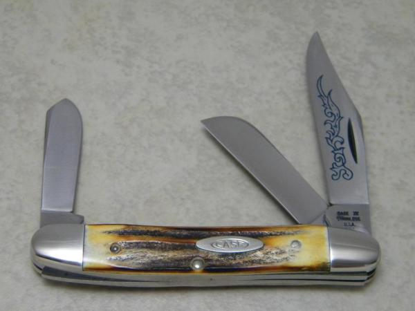 Case XX Stainless USA 3 Dot (1977) Stag 5347 HP SSP Blue Scroll Stockman Knife Case XX Stainless USA 3 Dot (1977) Stag 5347 HP SSP Blue Scroll Stockman Knife