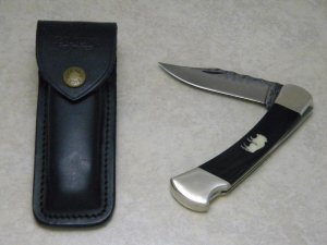 Buck Custom USA 110 Flint Chip Blade Horn Handle Buffalo Inlay Folding Hunter Lockback Knife & Pouch