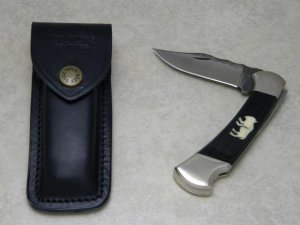 Buck Custom USA 112 Flint Chip Blade Horn Handle Buffalo Inlay Folding Hunter Lockback Knife & Pouch