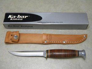 Ka-Bar Cleveland Ohio 1226 Stainless Japan Stacked Leather Fixed Blade Sheath Knife in Box
