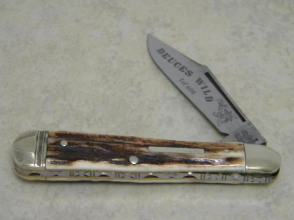Fight'n Rooster Germany Frank Buster Cutlery Co. Stag Deuces Wild Jack Knife with Filework