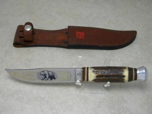 J.A. Henckels Germany HK-501 Stainless Stag Presentation Hunter Bear Etch Fixed Blade Sheath Knife