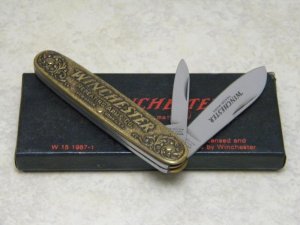 Winchester Trademark USA 1987-1 Factory Error (Stamped 1988-1) Brass 2 Blade Pen Knife in Box