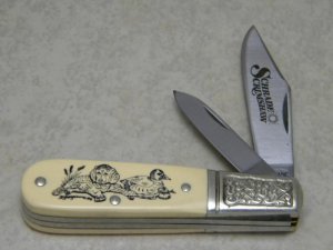 Schrade USA SC506 Dog & Decoy Scrimshaw Barlow Knife c. 1986