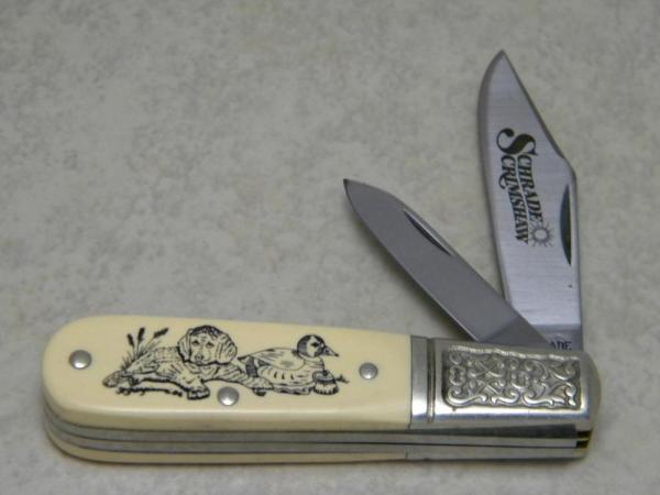 Schrade USA SC506 Dog & Decoy Scrimshaw Barlow Knife c. 1986 Schrade USA SC506 Dog & Decoy Scrimshaw Barlow Knife c. 1986