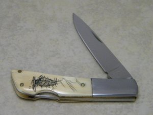 Gerber Portland OR Silver Knight by Sakai Japan Scrimshawed Ivory Lockback Knife