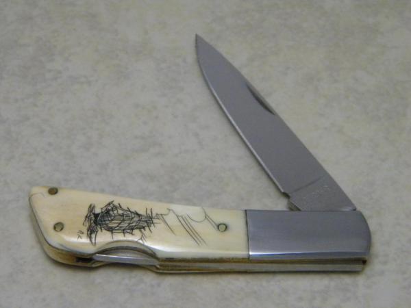 Gerber Portland OR Silver Knight by Sakai Japan Scrimshawed Ivory Lockback Knife Gerber Portland OR Silver Knight by Sakai Japan Scrimshawed Ivory Lockback Knife