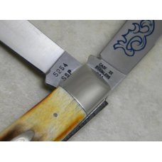 Case XX Stainless USA 3 Dot (1977) Stag 5254 SSP Blue Scroll Trapper Knife Case XX Stainless USA 3 Dot (1977) Stag 5254 SSP Blue Scroll Trapper Knife