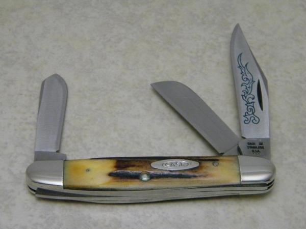 Case XX Stainless USA 3 Dot (1977) Stag 5347 HP SSP Blue Scroll Stockman Knife Case XX Stainless USA 3 Dot (1977) Stag 5347 HP SSP Blue Scroll Stockman Knife