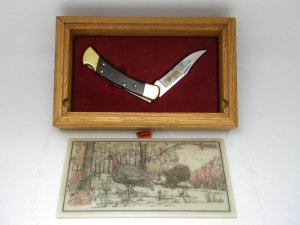 Buck 110 USA Turkey Etched 1 of 1000 Wood Folding Hunter Lockback Knife in Wooden Box c.1990
