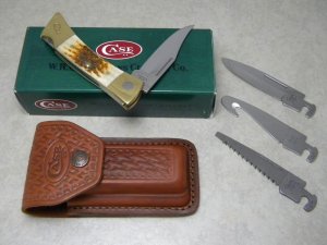 Case XX USA 2003 Amber Bone XX Changer Folding Hunter Lockback Knife & Pouch in Box