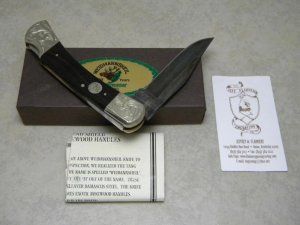 Weidmannsheil Germany Rosewood Boars Head Shield 512 Damascus Scrolled Large Lockback Knife in Box