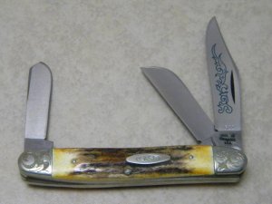 Case XX Stainless USA 3 Dot (1977) Stag 5347 HP SSP Engraved Blue Scroll Stockman Knife