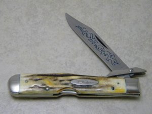Case XX Stainless USA 3 Dot (1977) Stag 5111 1/2 L SSP Blue Scroll Cheetah Lockback Knife