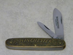 Winchester Trademark USA 1987-1 Winchester Model 1873 Brass 2 Blade Pen Knife in Box