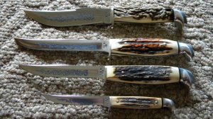 Case XX USA (1977) Stag M5F, 5 FINN,  516-5, 523-5 SSP Blue Scroll Fixed Blade Sheath Knife Set
