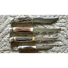 Case XX USA (1977) Stag M5F, 5 FINN, 516-5, 523-5 SSP Blue Scroll Fixed Blade Sheath Knife Set Case XX USA (1977) Stag M5F, 5 FINN, 516-5, 523-5 SSP Blue Scroll Fixed Blade Sheath Knife Set