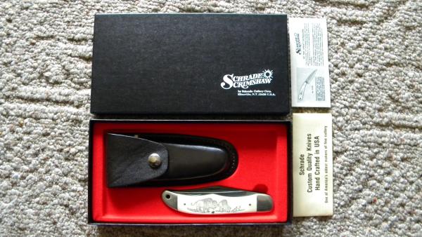 Schrade USA SC508 Scrimshaw Folding Hunter Knife & Pouch c. 1982 in Box Schrade USA SC508 Scrimshaw Folding Hunter Knife & Pouch c. 1982 in Box