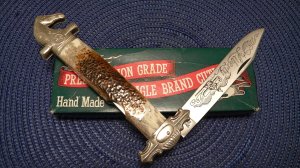 Parker Cut. Co. Hand Made Japan 2nd Cut Stag EK-5 Folding Lockback Bowie Knife - NIB