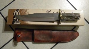Parker Edwards Jacksonville AL USA Aregos A0002S Stag Bowie Knife & Sheath in Box c.1986