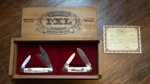Schrade Wostenholm IXL Sheffield England Bone Scrimshawed Canoe & Stockman Knife Set in Box