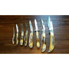 Case XX Stainless USA 3 Dot (1977) Stag Engraved Bolsters Blue Scroll 8 Knife Set Case XX Stainless USA 3 Dot (1977) Stag Engraved Bolsters Blue Scroll 8 Knife Set