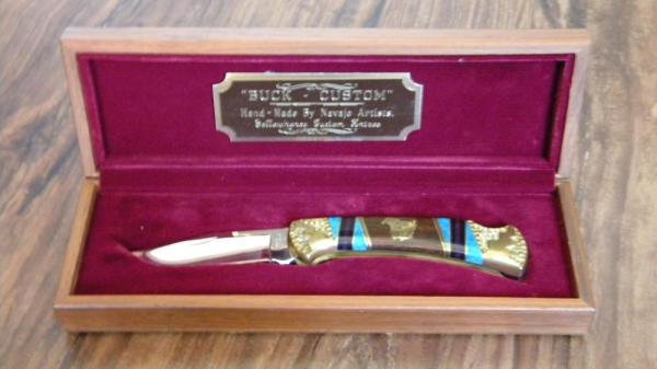 Buck Custom USA David Yellowhorse Eagle & Indian Folding Lockback Knife in Box c.1994 Buck Custom USA David Yellowhorse Eagle & Indian Folding Lockback Knife in Box c.1994