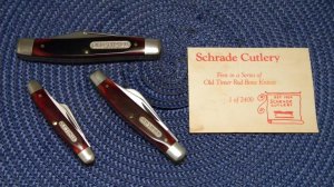 Rare 1986 Red Bone Schrade USA Old Timer Knife Set - 8OT, 34OT, & 108OT