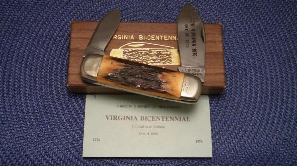 Taylor Cutlery Kingsport, Tenn. (Japan) Stag Virginia Bicentennial Elephant Toe Knife c.1976 in Box Taylor Cutlery Kingsport, Tenn. (Japan) Stag Virginia Bicentennial Elephant Toe Knife c.1976 in Box